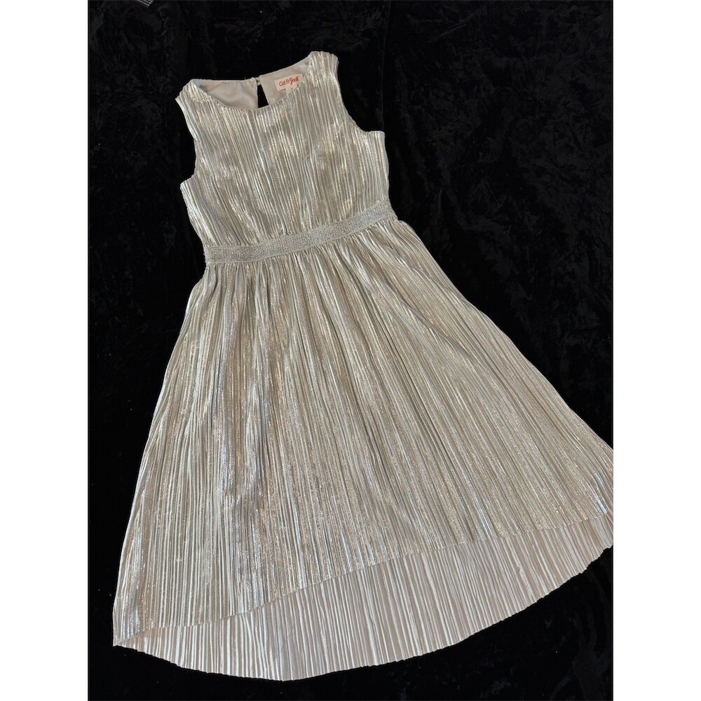 Cat & Jack Dress Girls Size S Silver Metallic Pleated Fit & Flare Party